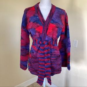 VTG 1970s  Blue/Red/Purple Variegated Kimono Style Open Front Cardigan Sweater